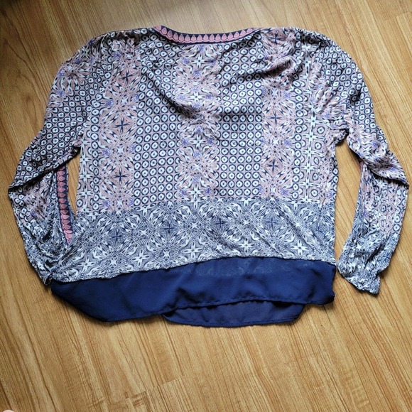 Vintage Havana Navy Blue And Pink Bohemian Printed Blouse Size Medium Tie Neck - Picture 8 of 8